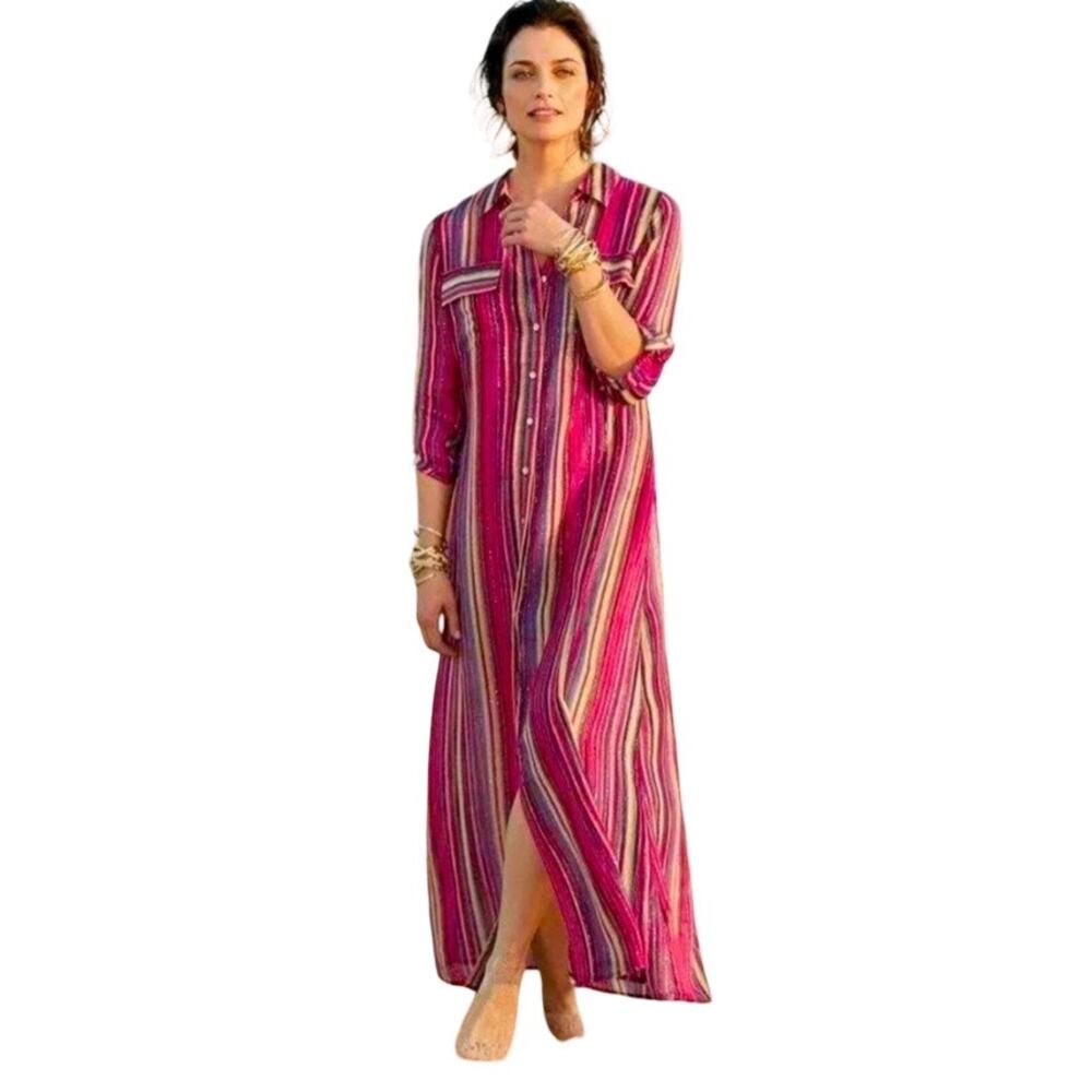 Soft Surroundings Linnea Button‎ Down Maxi Shirt Dress Rainbow Striped Size Ps